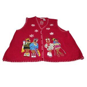 Vintage Red Ugly Christmas Sweater Vest Reindeer 2X White Stag Hole In Side